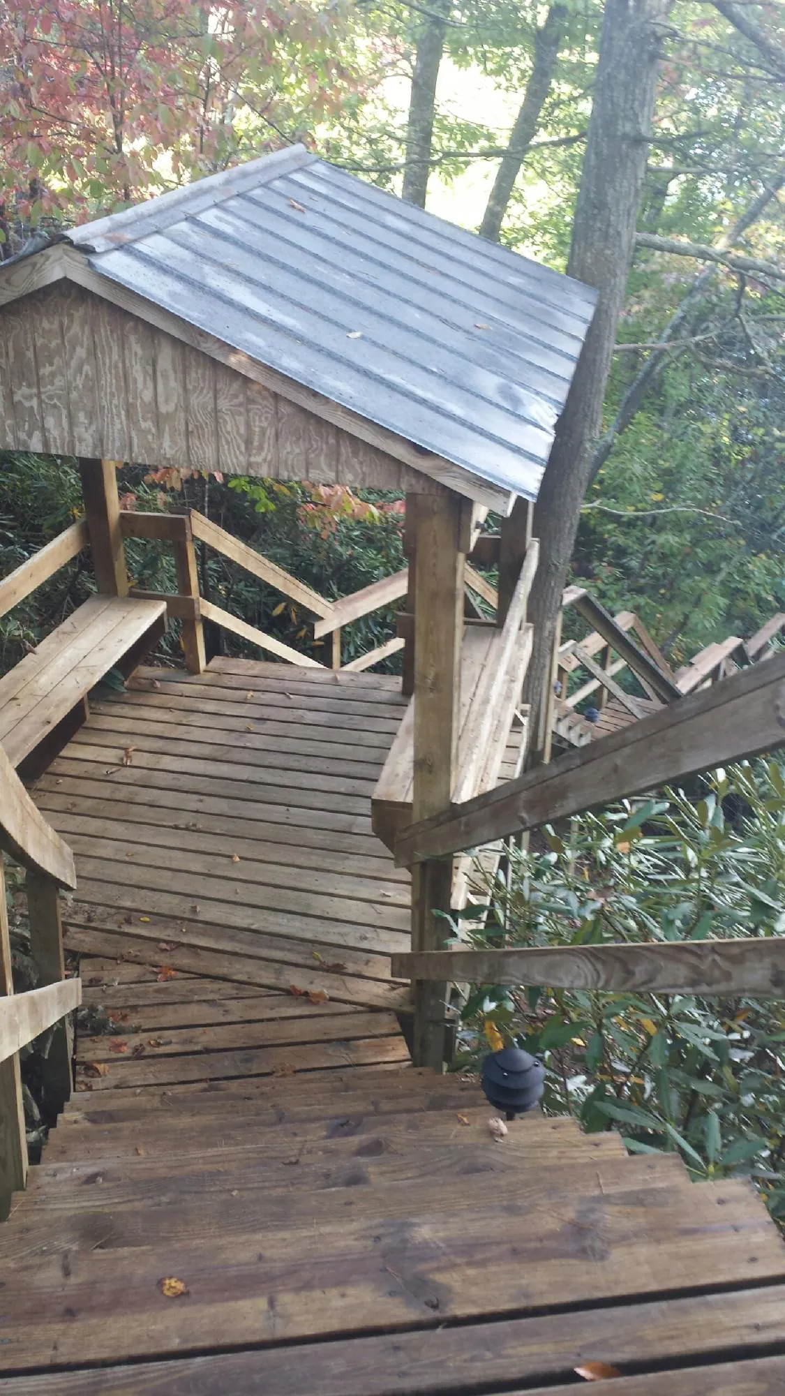 Metal roofed shelter over wooden steps on a wooded walkway — Skylight Repair & Installation work by our crew in Hubbard